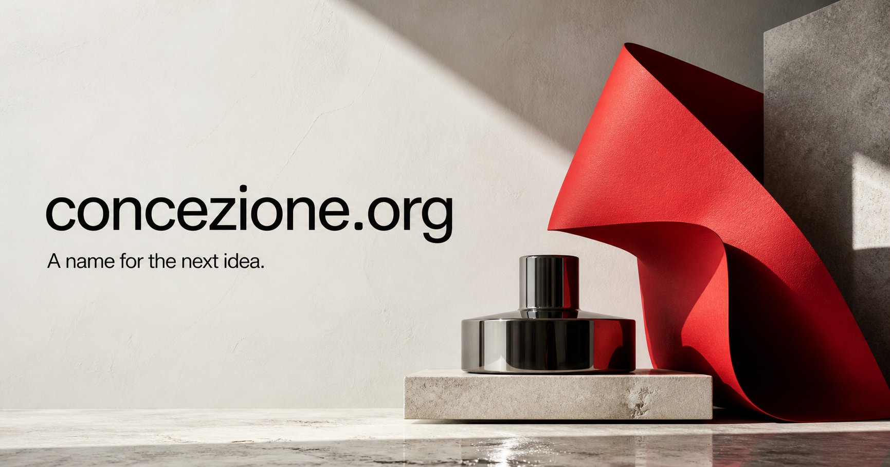 Sculptural red paper and chrome objects beside the concezione.org name